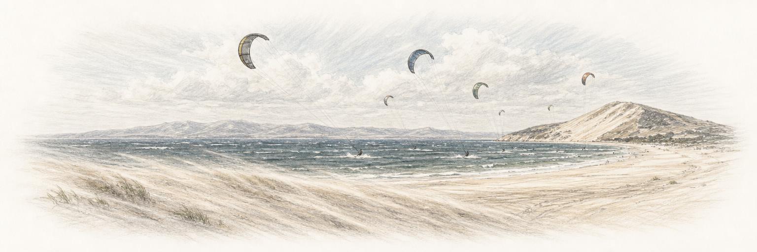 Cometas de kitesurf sobre la playa de Valdevaqueros un día de levante, con la duna de Punta Paloma a la derecha y la costa de Marruecos al fondo.