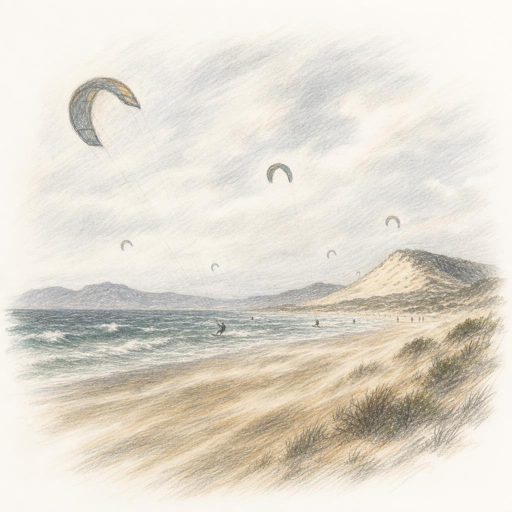 Cometas de kitesurf sobre la playa de Valdevaqueros un día de levante, con la duna de Punta Paloma y la costa de Marruecos al fondo.