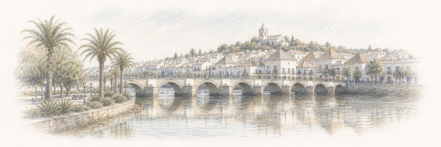 Esboço da antiga ponte de sete arcos sobre o rio Gilão, com o casario branco de Tavira, os telhados em pirâmide e uma torre de igreja ao fundo.