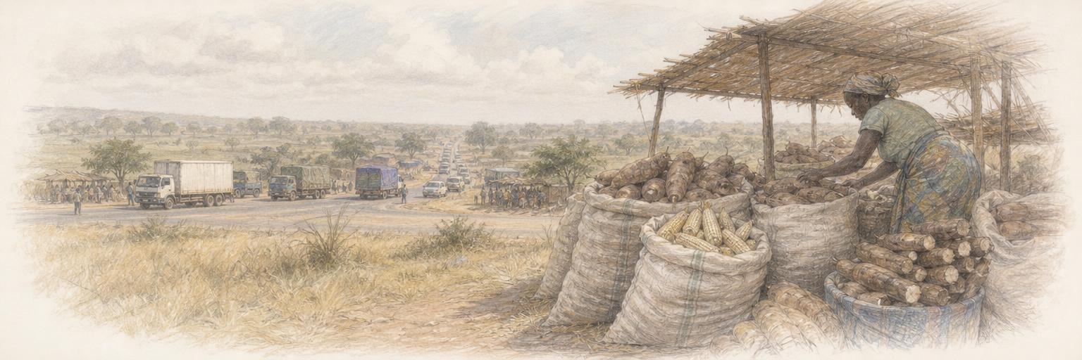Yam and maize piled at a roadside market stall in Techiman, where the region's trunk roads converge.