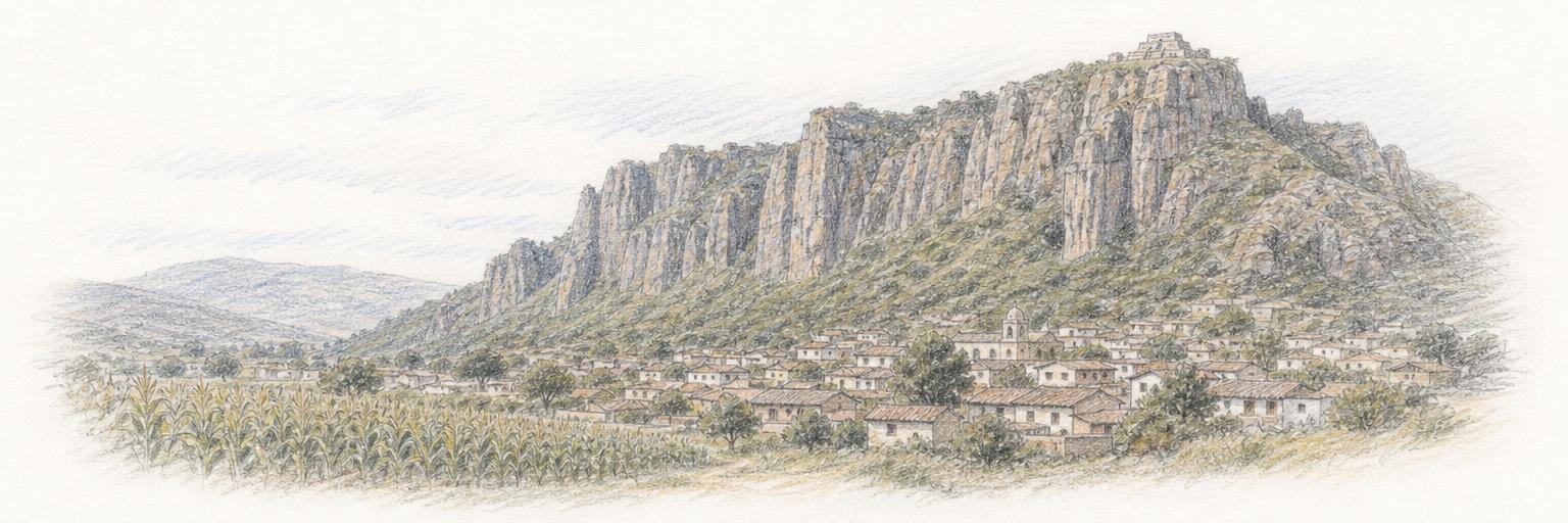 Un boceto de Tepoztlán en el valle bajo los farallones del Tepozteco, con casas de tejado de barro y una milpa al frente y la pequeña pirámide de El Tepozteco sobre el risco al fondo.