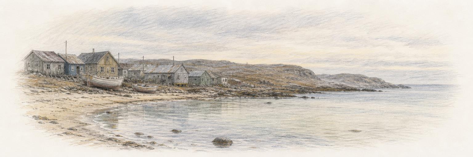 Low wooden houses of the Pomor fishing village along Teriberka's bay, small boats on the shore, and bare tundra headlands running out to the Barents Sea.