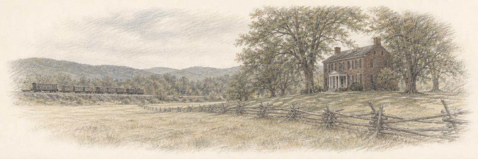 A colored-pencil sketch of Homestead Manor, the 1819 brick house on the Thompson's Station battlefield, with a freight train passing on the railroad across the meadow.