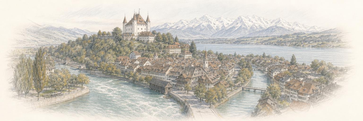 Farbstiftzeichnung von Thun mit den Aarekanälen, der Altstadt auf dem Bälliz und dem weissen Schloss Thun auf dem Schlossberg, dahinter der Thunersee und die verschneiten Berner Alpen.