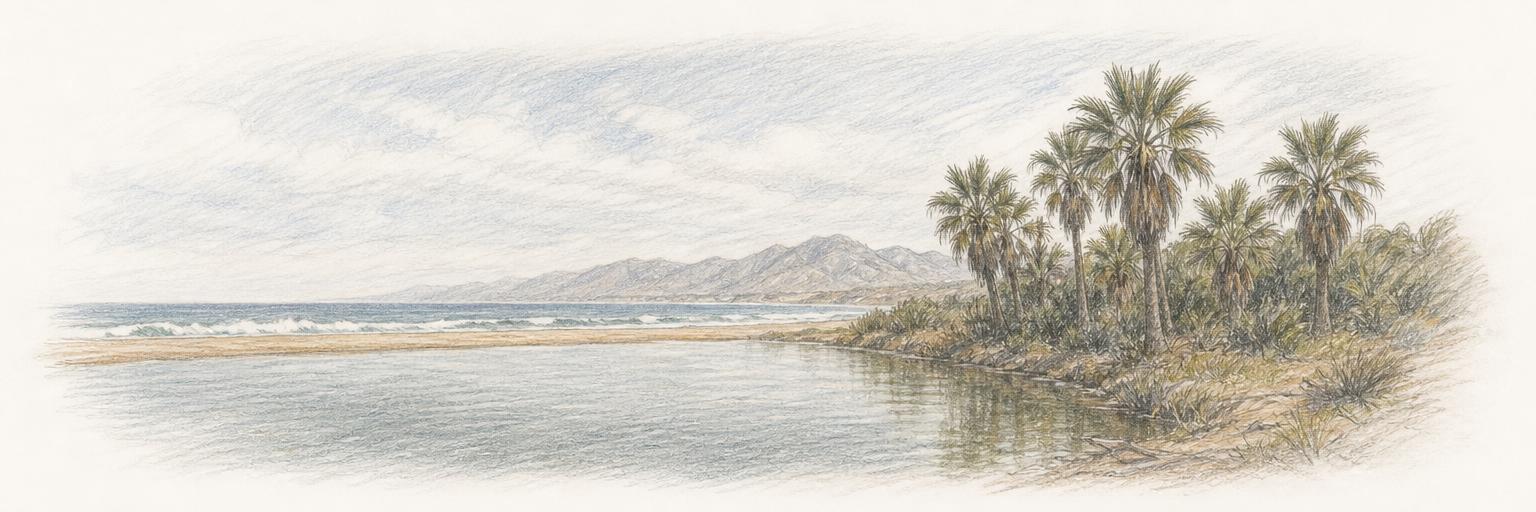 La laguna de agua dulce de La Poza en Todos Santos, con su agua tranquila frente a la barra de arena donde rompe el Pacífico, un palmar a la derecha y la Sierra de la Laguna al fondo.