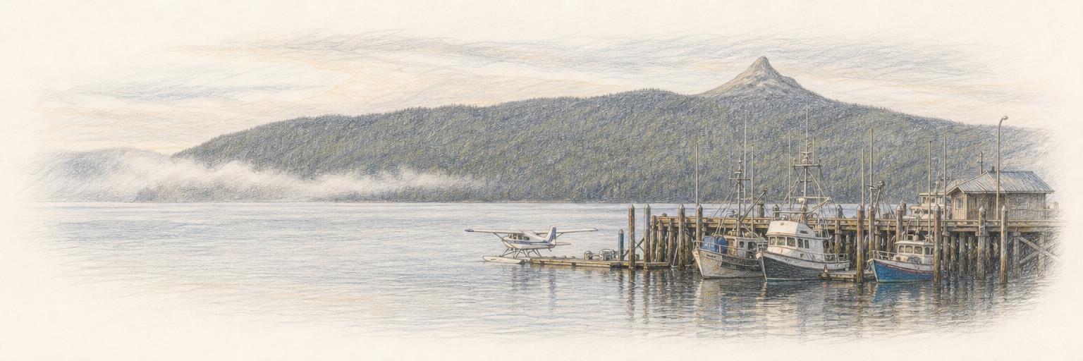 Fishing boats and a floatplane at Tofino's harbour dock, with Meares Island and Lone Cone rising across Clayoquot Sound.