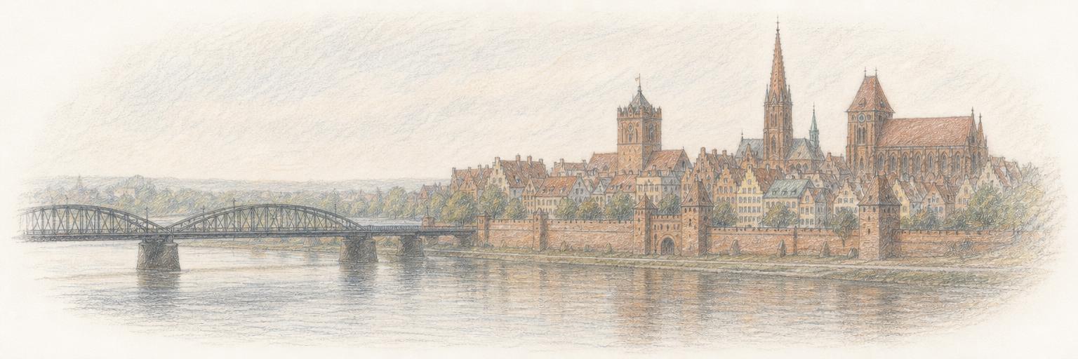A colored-pencil sketch of Toruń's red-brick Gothic old town seen across the Vistula, with the medieval city wall, the Old Town Hall tower and St John's spire above the riverbank.