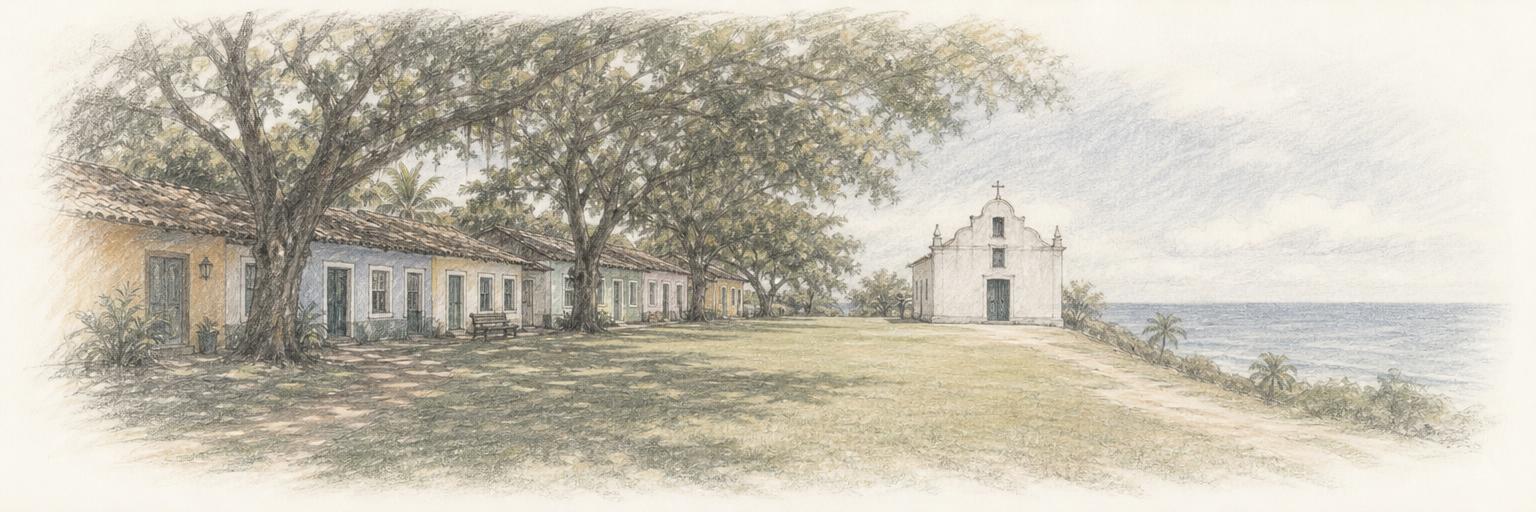Desenho a lápis de cor do Quadrado de Trancoso, com a Igreja de São João Batista à beira da falésia e o oceano ao fundo.