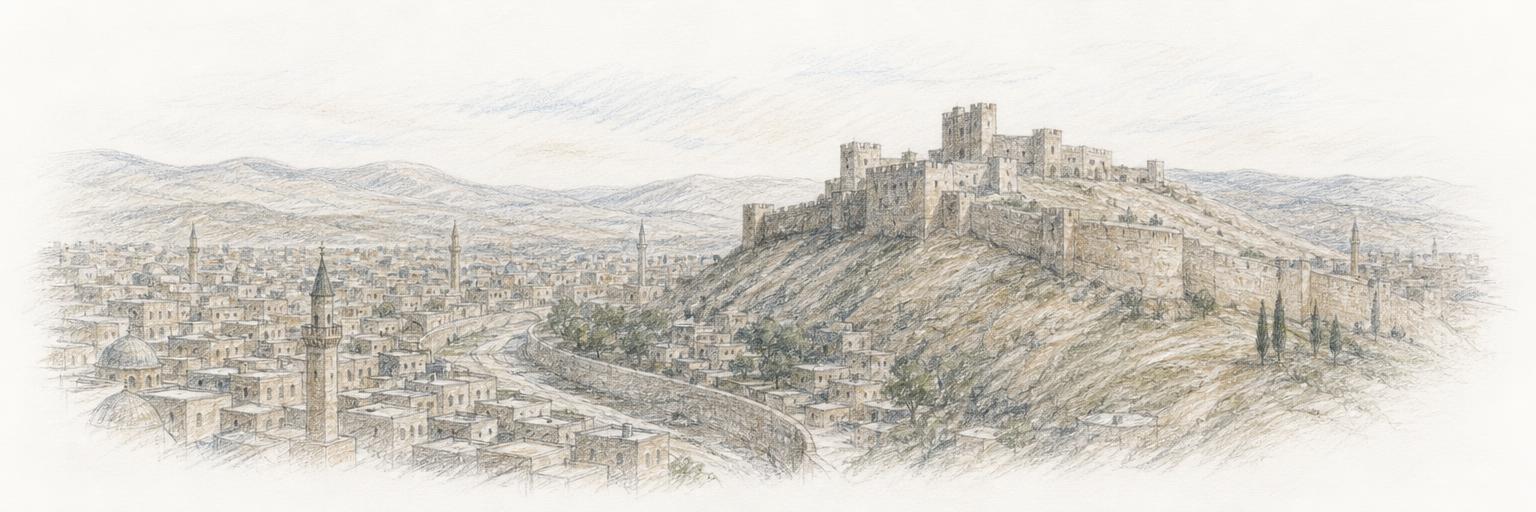 The Citadel of Saint-Gilles on its hill above the rooftops and minarets of Tripoli's old Mamluk city, with the Abu Ali riverbed threading below.