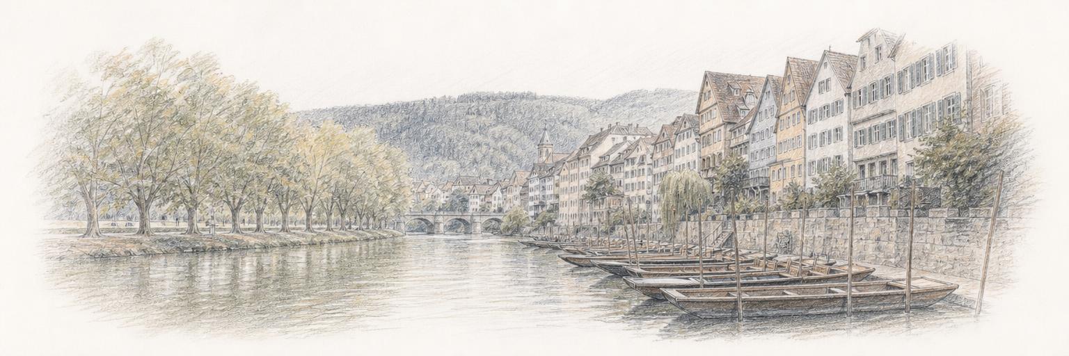 Eine Buntstiftzeichnung von Stocherkähnen auf dem Neckar unterhalb der Tübinger Neckarfront, mit der Platanenallee auf der Neckarinsel.
