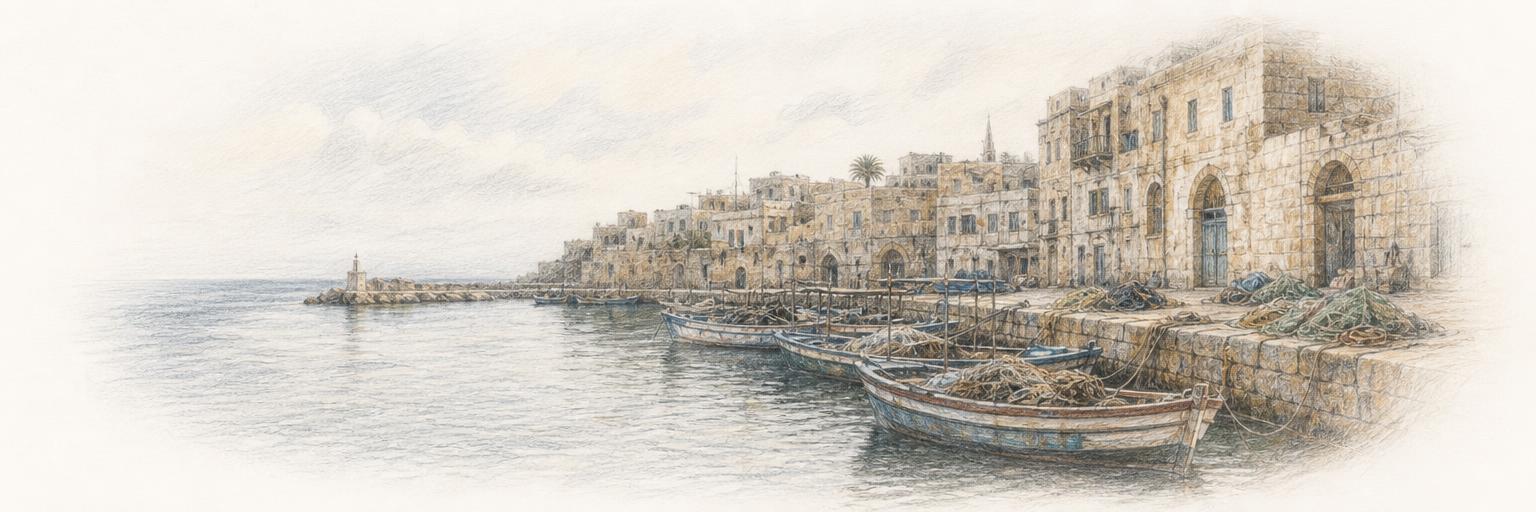 Wooden fishing boats moored along the stone quay of Tyre's old harbour, with the sandstone houses of the old quarter behind and the open Mediterranean to the left.