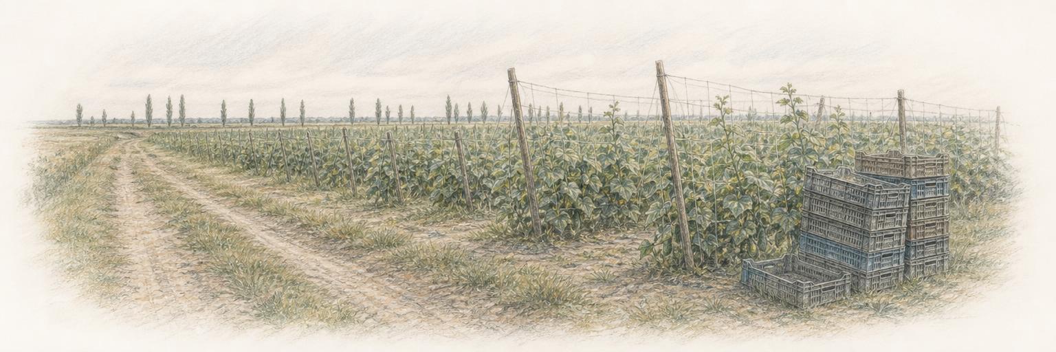 Konzervuborka-sorok hálós támrendszereken, egy sík táblán Ura határában; a tábla szélén kátyús földút, a távoli látóhatáron nyárfasor.