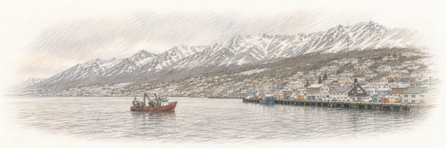 Ushuaia vista desde el canal Beagle en invierno, con un barco centollero en el agua y las casas trepando la ladera bajo los Montes Martial nevados.
