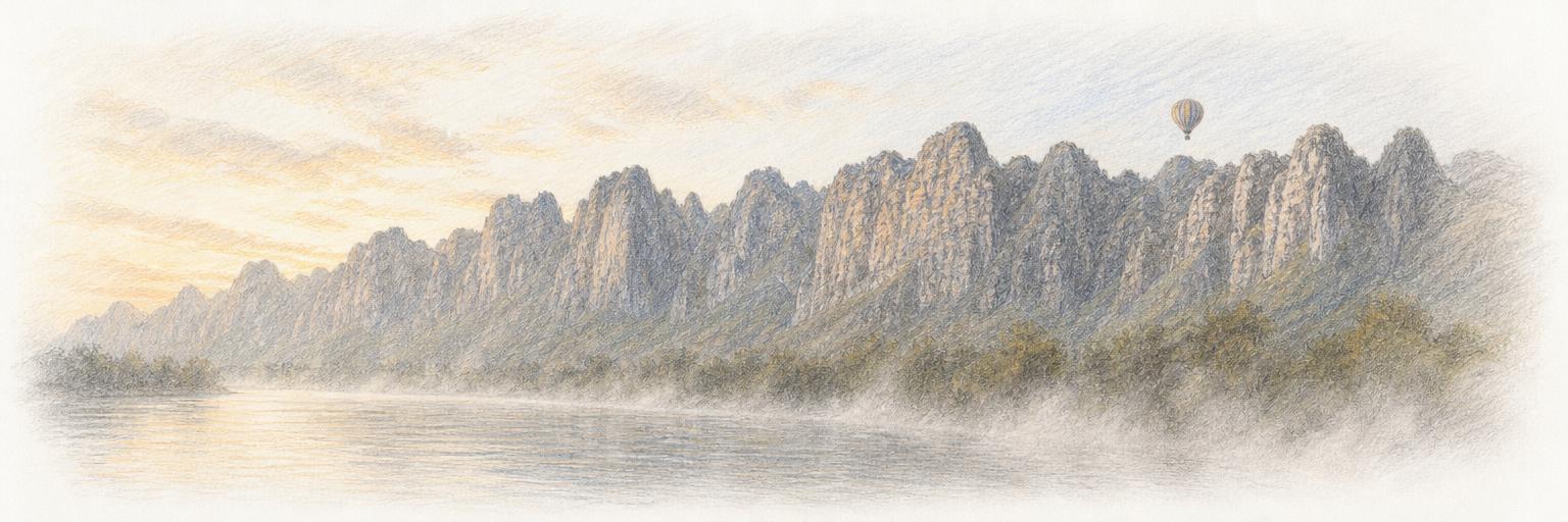 Vang Vieng's limestone karst peaks stretching across the horizon behind the misty Nam Song river at dawn, with a single hot-air balloon drifting above the ridgeline.