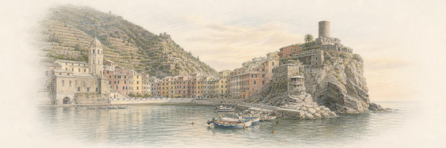 Vernazza's natural harbour at first light, with fishing boats on calm water beneath Castello Doria, the octagonal belfry of Santa Margherita, and vineyard terraces on the ridge behind.