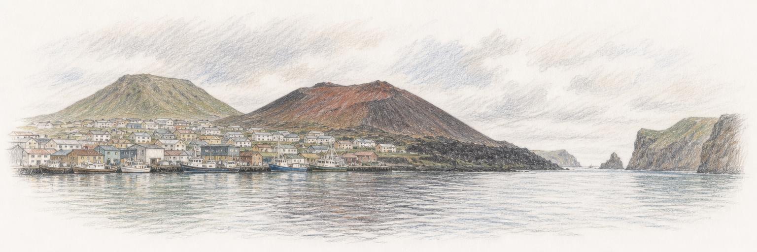 A colored-pencil sketch of Heimaey's fishing harbour, the town's houses along the shore, and the dark cone of Eldfell rising over the eastern edge where the streets meet the black 1973 lava.