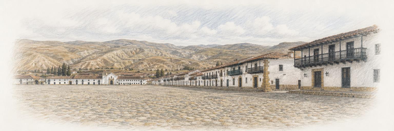 La Plaza Mayor empedrada de Villa de Leyva, con sus fachadas coloniales blancas y los cerros áridos del valle al fondo.