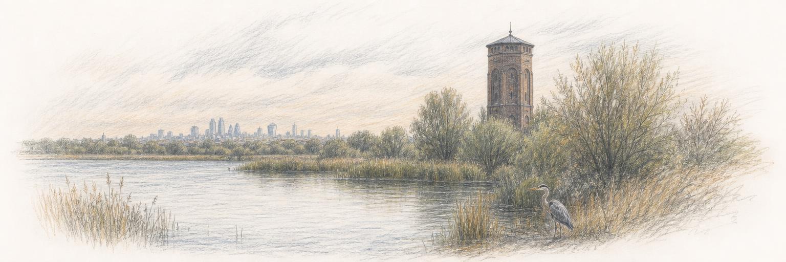A drawing of Walthamstow Wetlands, with the old Coppermill tower standing among willows across the reservoir and the London skyline faint on the horizon.