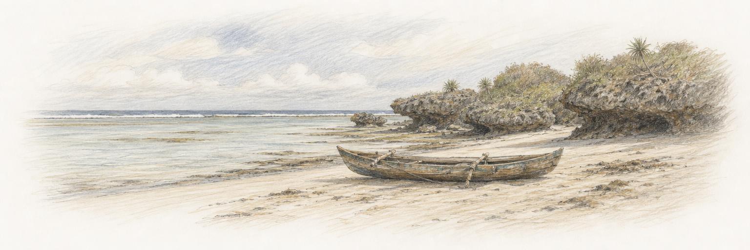 Mchoro wa Turtle Bay huko Watamu wakati maji yamepwa: mchanga mweupe na maji ya kina kifupi upande wa kushoto, ngalawa ya wavuvi ufukweni, na miamba ya matumbawe iliyochongwa na bahari upande wa kulia, huku mwamba ukivunja mawimbi mbali.
