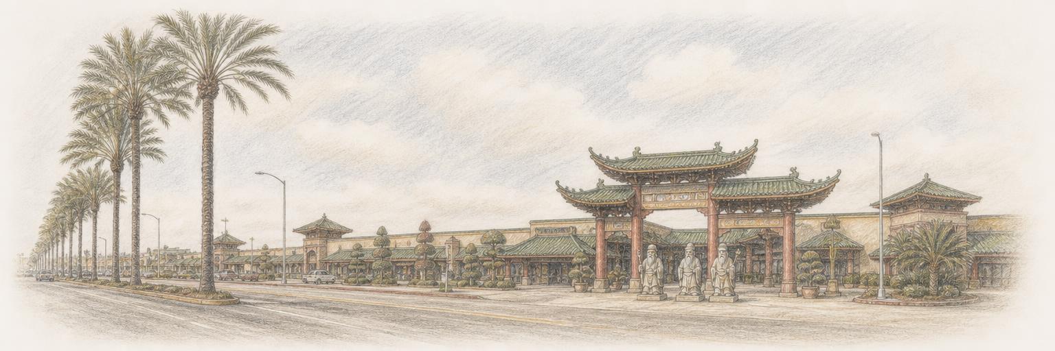 The pagoda-roofed Asian Garden Mall (Phuoc Loc Tho) on Bolsa Avenue in Little Saigon, with three luck-god statues in its forecourt and palms along the boulevard.