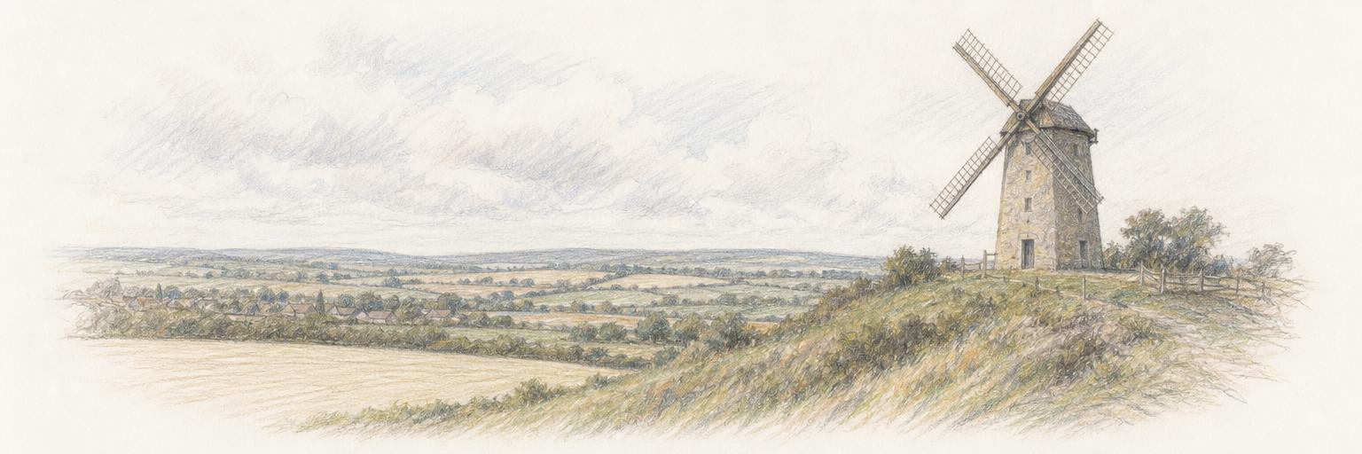 Wheatley's octagonal stone windmill above the village's farm fields.