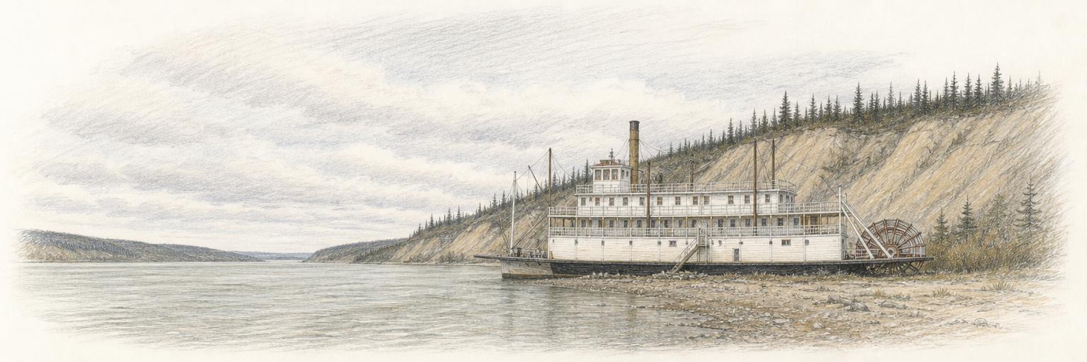 A colored-pencil sketch of the SS Klondike sternwheeler resting on the bank of the Yukon River below Whitehorse's clay cliffs.