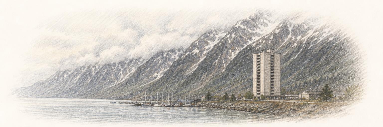 Begich Towers, the lone fourteen-storey building that houses nearly all of Whittier, standing at the head of Passage Canal beneath steep snow-streaked mountains.