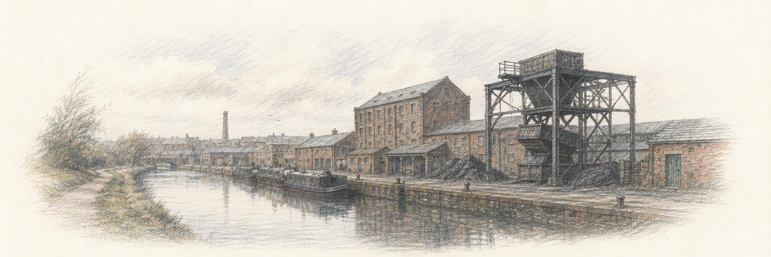 The brick warehouses and iron gantry of Wigan Pier beside the still water of the Leeds and Liverpool Canal.