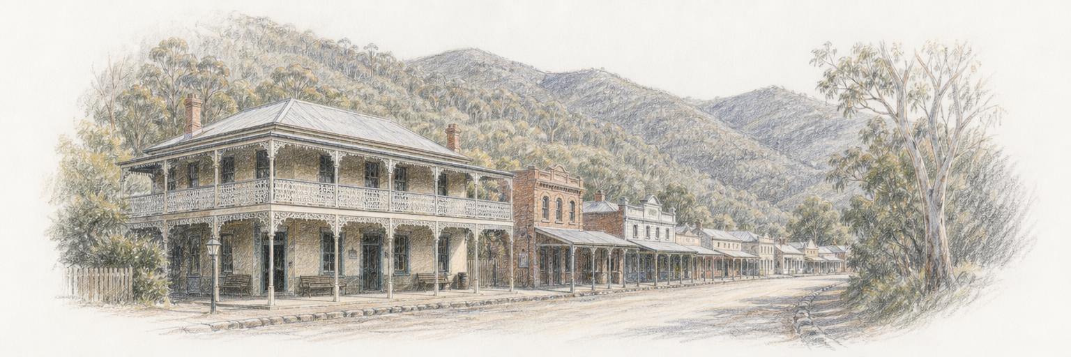 Yackandandah's historic gold-rush main street of verandahed Victorian shopfronts, with the forested valley hills rising close behind.