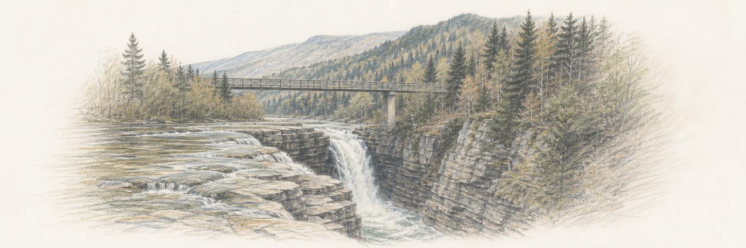 The Probiy waterfall where the Prut drops over rock ledges in Yaremche, with the pedestrian footbridge above the gorge and forested Carpathian slopes behind.