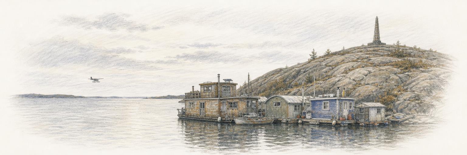 Wooden houseboats on Yellowknife Bay below the rocky point of Old Town.