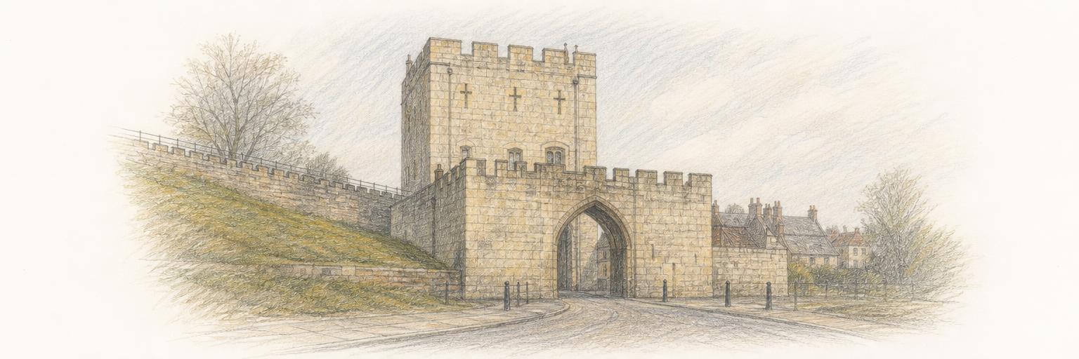 Walmgate Bar, the York city gate that still has its stone barbican standing in front of the arch, with the wall walk running away on either side.